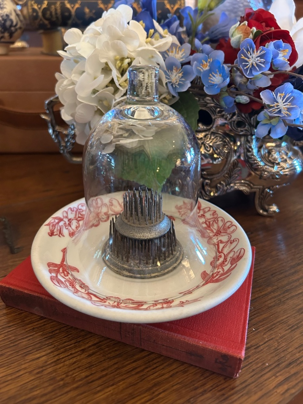 Vintage Ironstone Saucer with Flower Frogs and Glass Cloche